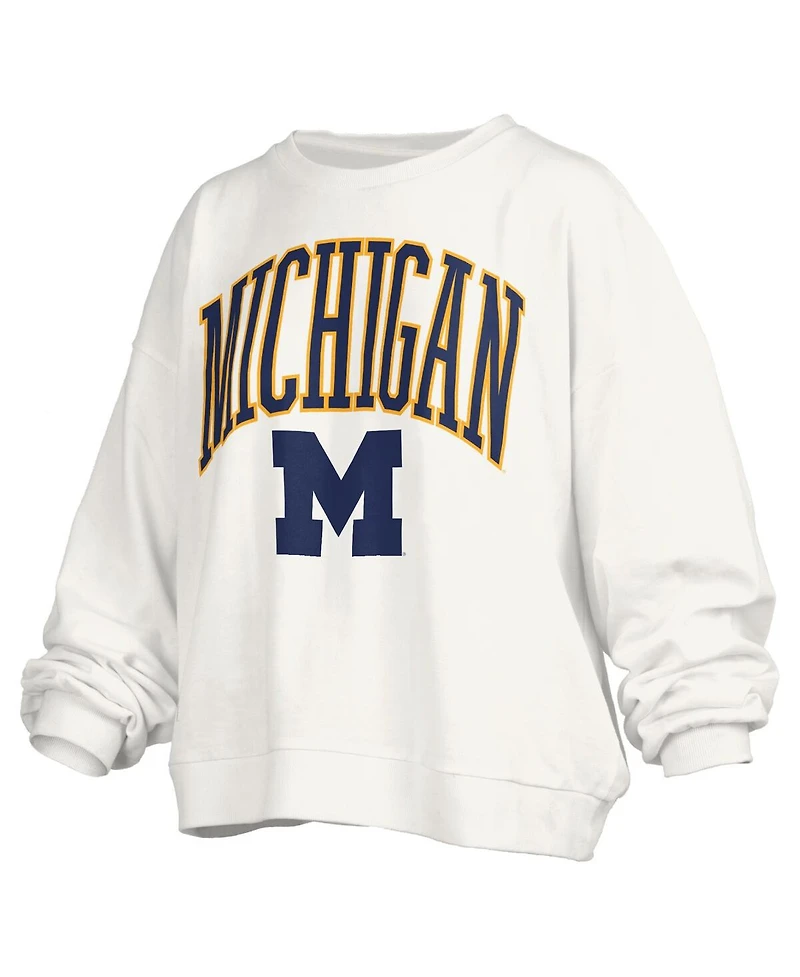 Pressbox Women's White Michigan Wolverines Janise Arch Over Logo Waist Length Oversized Pullover Sweatshirt