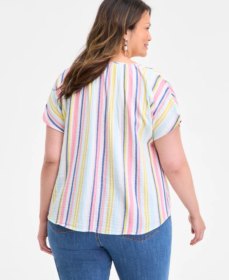 Style & Co Plus Printed Tie-Neck Short-Sleeve Shirt, Exclusively at Macy's