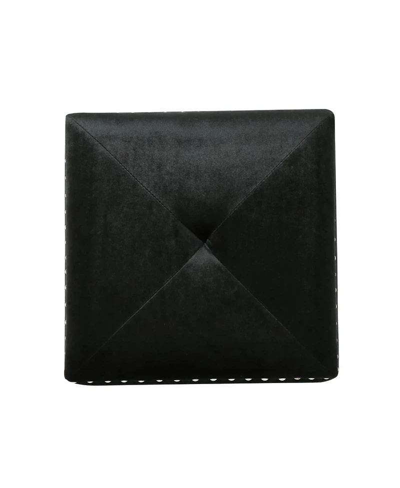 Velvet Upholstered Square Ottoman with Tufted Top and Studded Trim for Living Room or Bedroom Seating-The Pop Home