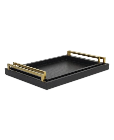 Set of Two Wood Serving Trays with Faux Croc Texture and Handles