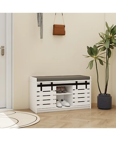 Streamdale 2-Tier Entryway Bench with Sliding Doors and Cushion