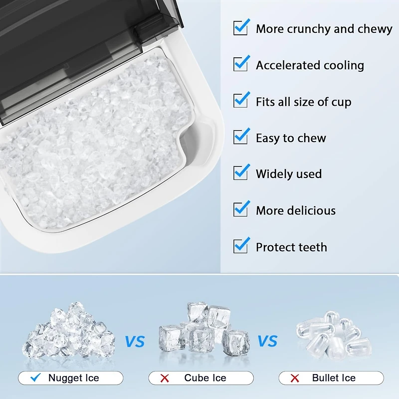 Zafro Nugget Ice Maker Countertop with Handle, 35Lbs/24Hrs,7 Mins Fast Making, Stainless Steel Pellet Basket/Ice Scoop for Home
