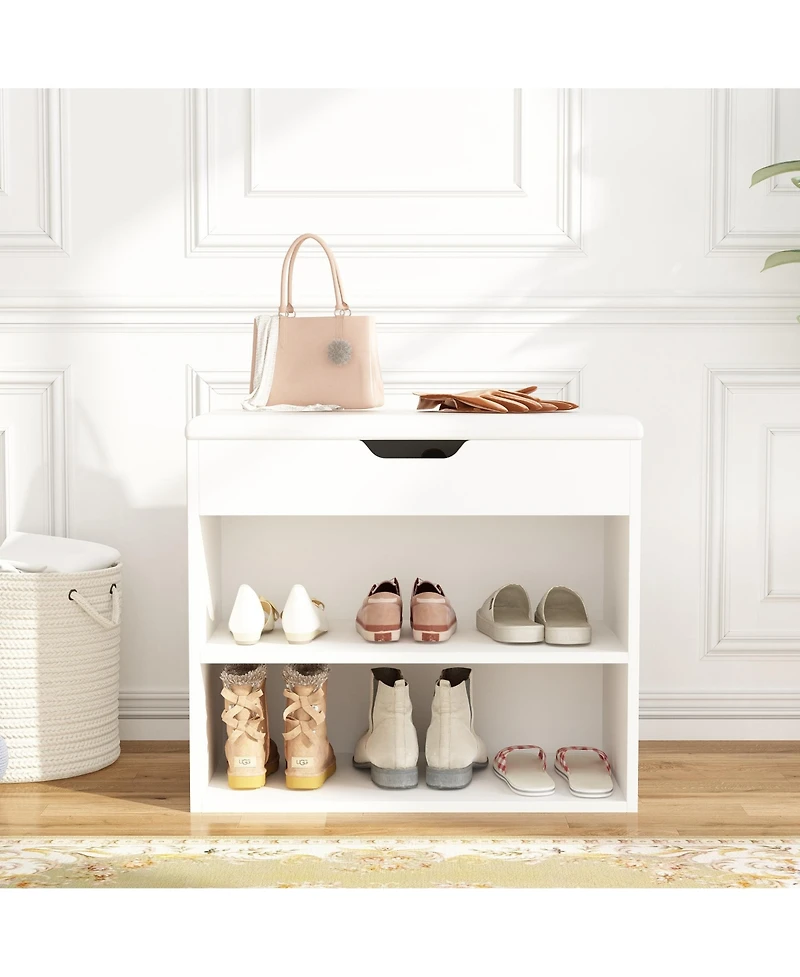 Shoe bench with shelves, natural wooden shoe rack with 3 storage compartments, Entryway Bench