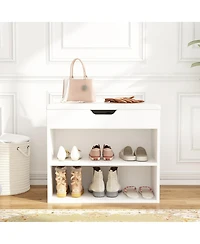 Shoe bench with shelves, natural wooden shoe rack with 3 storage compartments, Entryway Bench