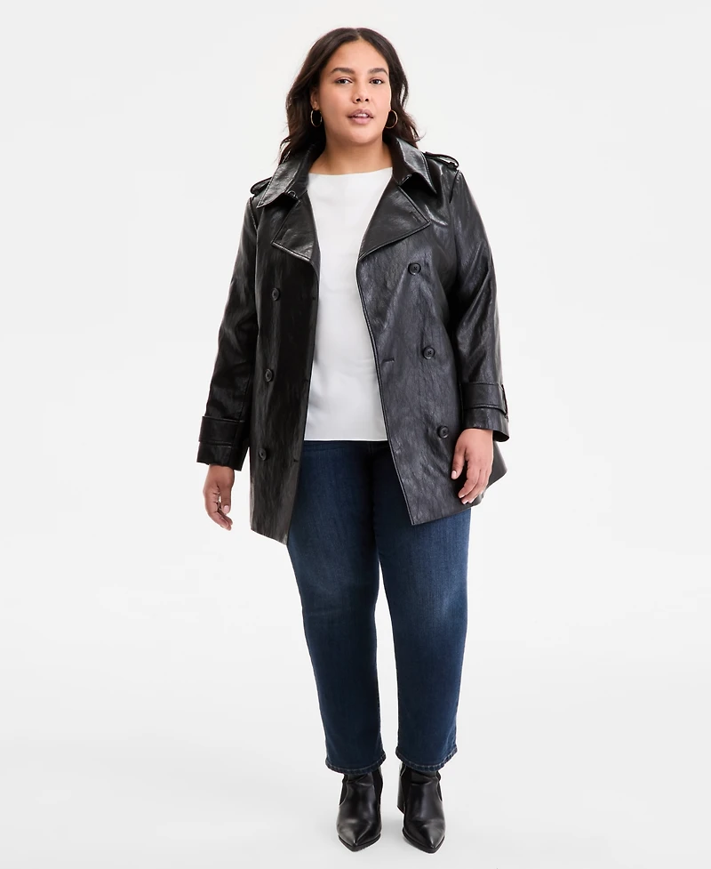 Bcbgmaxazria Plus Double-Breasted Faux-Leather Belted Trench Coat