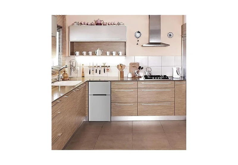 Zafro 3.2 cubic foot mini fridge with separate freezer compartment and double door design is perfect for a basement, apartment