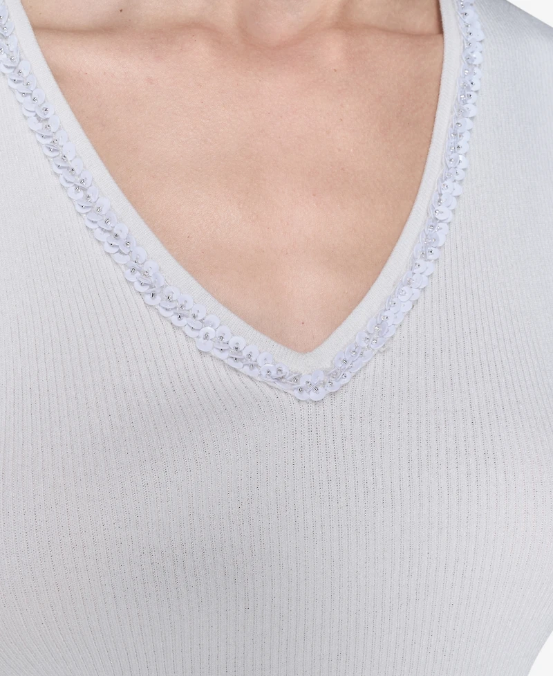 Karl Lagerfeld Paris Women's Embellished V-Neck Ribbed Knit Sleeveless Top