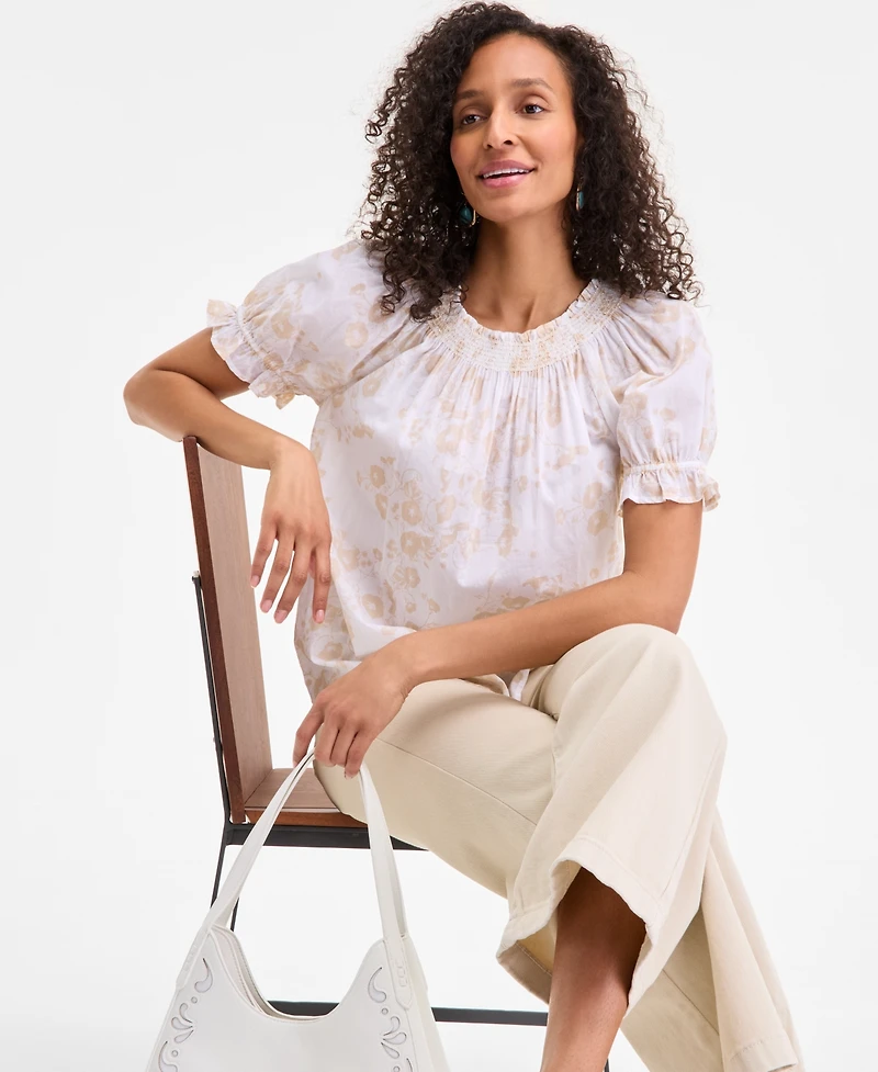 Style & Co Women's Cotton Printed Contrast-Stitch Puff-Sleeve Top, Exclusively at Macy's