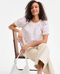 Style & Co Women's Cotton Printed Contrast-Stitch Puff-Sleeve Top, Exclusively at Macy's
