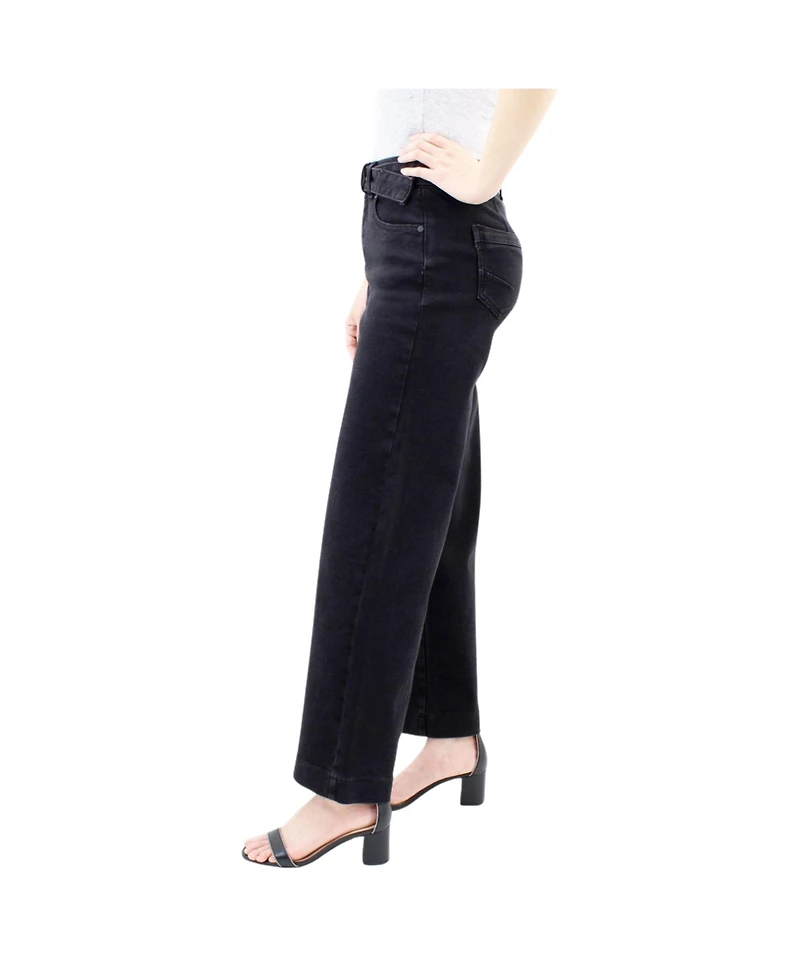 Indigo Poppy Women's Two Botton Tummy Control Wide Leg Black Jeans with Belt