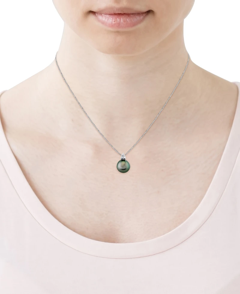Cultured Tahitian Pearl (9mm) & Diamonds (1/10 ct. t.w.) 18" Pendant Necklace in 14k White Gold