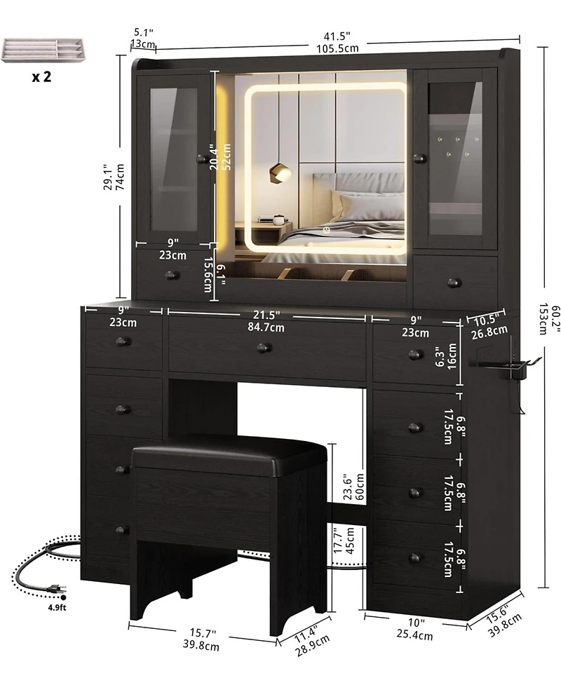 Vanity Desk with Led Lights Mirror and Charging Station, Makeup Vanity ...