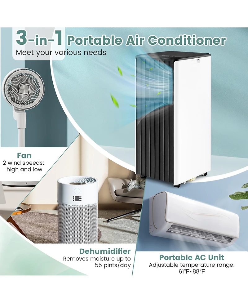 Gymax Portable Air Conditioner 10000 Btu Ashrae 3-in-1 Ac Unit w/ Humidifier & Sleep Mode Pink