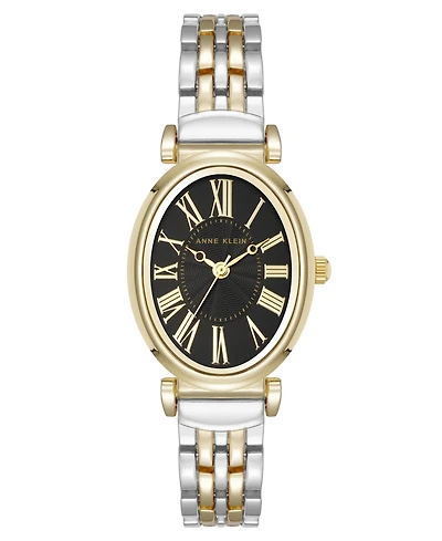 Anne Klein Women's Quartz Oval Roman Numeral Two-Tone Metal Alloy and Black Dial Watch, 25mm