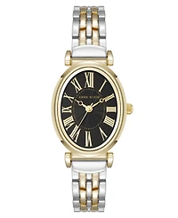 Anne Klein Women's Quartz Oval Roman Numeral Two-Tone Metal Alloy and Black Dial Watch, 25mm