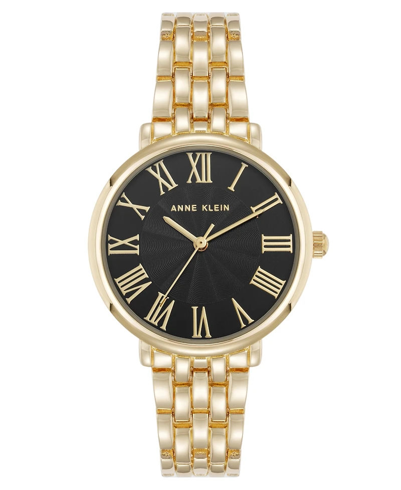 Anne Klein Women's Quartz Round Roman Numeral Gold-Tone Metal Alloy and Black Dial Watch, 32mm