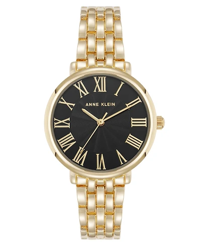 Anne Klein Women's Quartz Round Roman Numeral Gold-Tone Metal Alloy and Black Dial Watch, 32mm