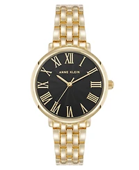Anne Klein Women's Quartz Round Roman Numeral Gold-Tone Metal Alloy and Black Dial Watch, 32mm