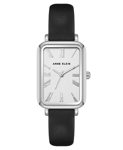 Anne Klein Women's Quartz Rectangular Black Polyurethane Leather and Silver-Tone Metal Alloy Watch, 23mm