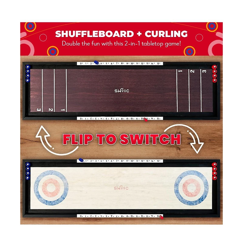 Swooc 2-in-1 Shuffleboard and Curling | 100% Solid Wood Shuffleboard Table (4ft) | With 5+ Games | Board Game Table Top Games