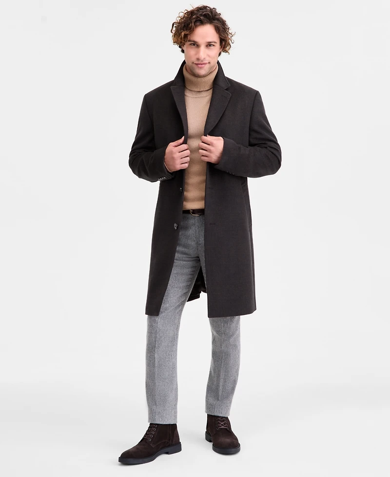 Michael Kors Men's Classic-Fit Olive Navy Plaid Wool Blend Overcoat
