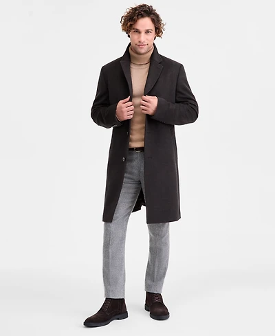 Michael Kors Men's Classic-Fit Olive Navy Plaid Wool Blend Overcoat