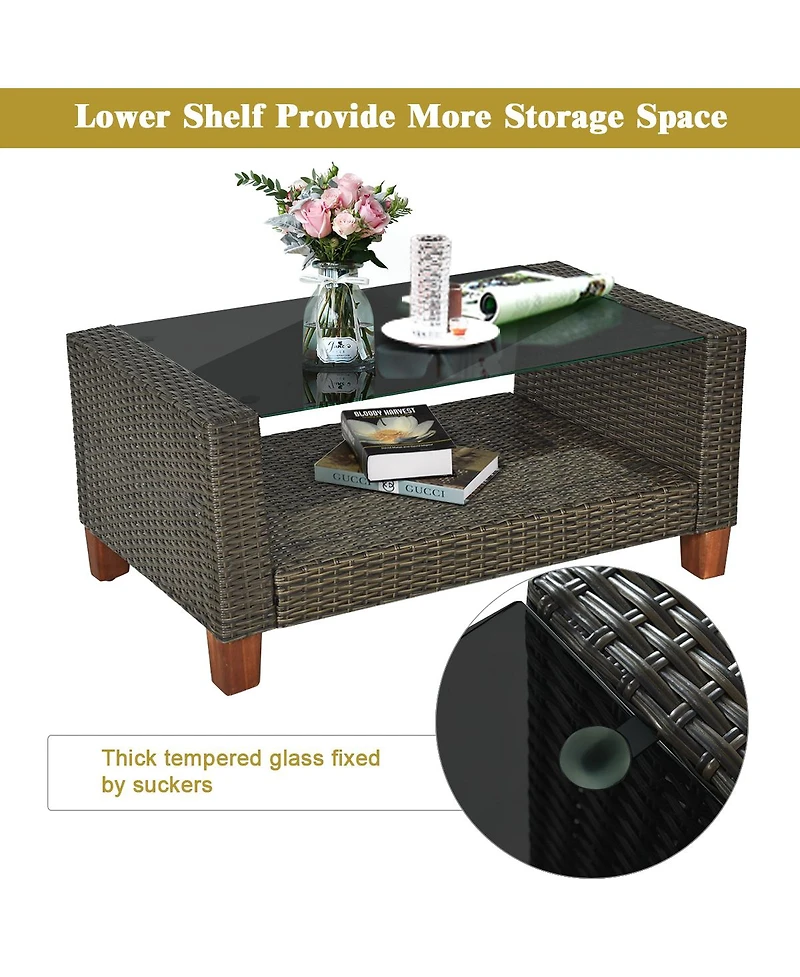 4PCS Patio Rattan Furniture Set Solid Wood Leg Cushioned Sofa Garden Lawn