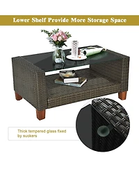 4PCS Patio Rattan Furniture Set Solid Wood Leg Cushioned Sofa Garden Lawn