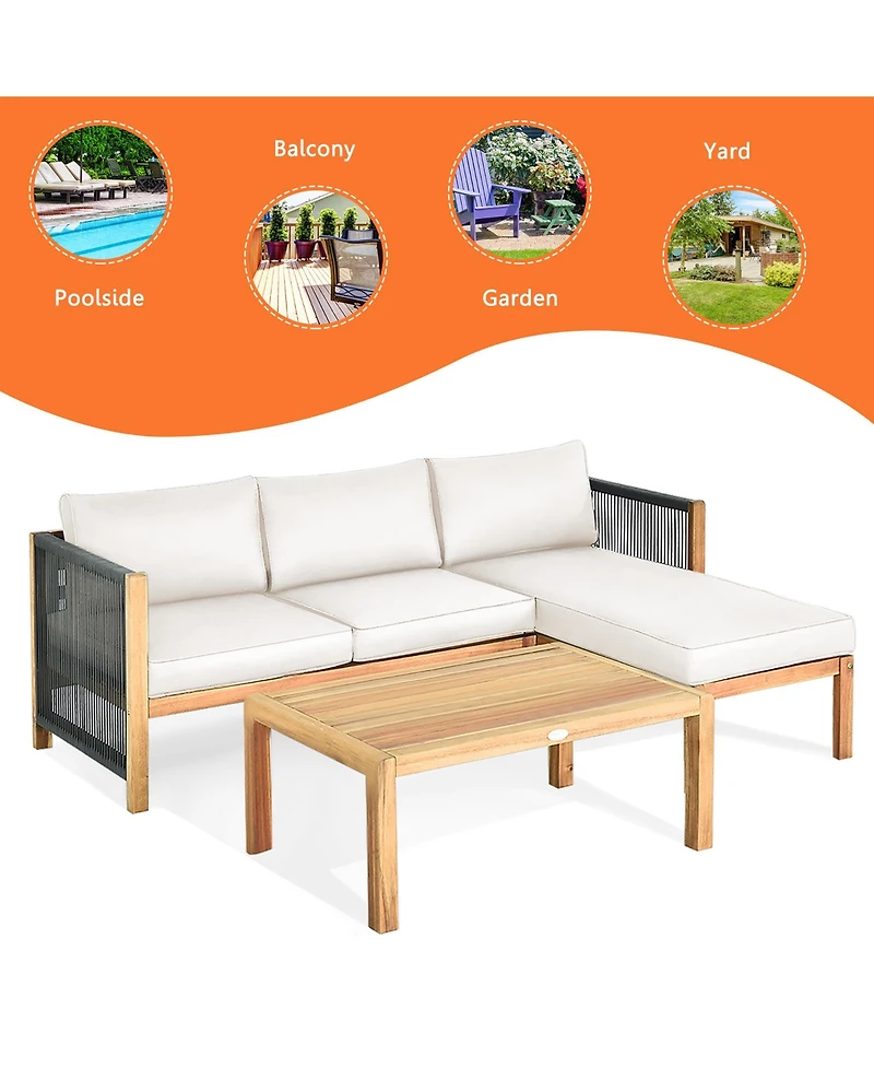3PCS Patio Acacia Wood Sofa Furniture Set Thick Cushion W/Nylon Rope Armrest