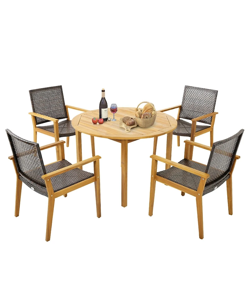 Gymax 5 Pcs Patio Dining Set Round Acacia Wood Table 4 Wicker Armchairs Outdoor Garden