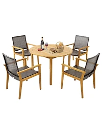 Gymax 5 Pcs Patio Dining Set Round Acacia Wood Table 4 Wicker Armchairs Outdoor Garden