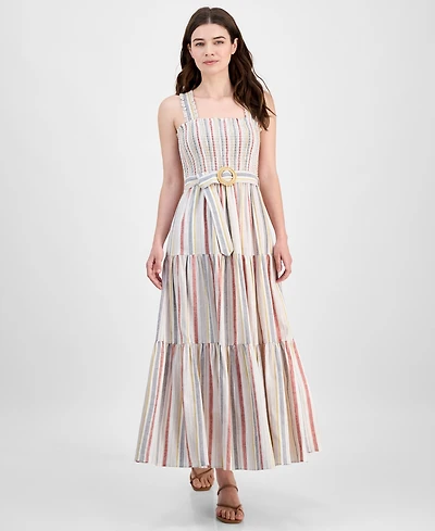 Anne Klein Women's Striped Smocked-Bodice Tiered Dress