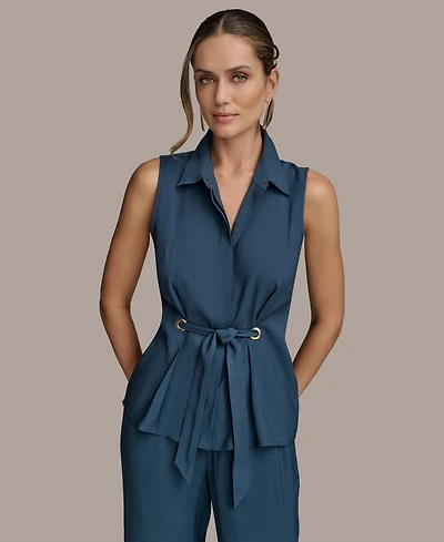 Donna Karan New York Women's Sleeveless Tie-Front Collared Shirt