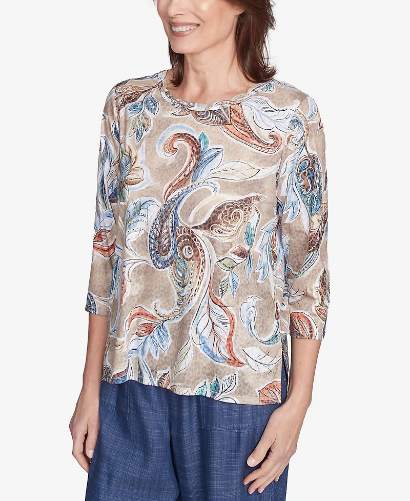 Alfred Dunner Women's Summer Solstice Twisted Crew Neck Paisley Top