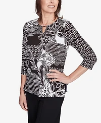 Alfred Dunner Women's Natural Instinct Monotone Patch Beaded Split Neck Top