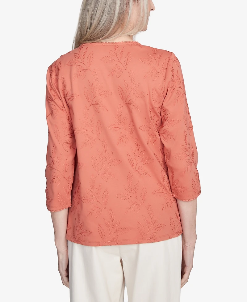 Alfred Dunner Women's Natural Instinct Solid Leaf Embroidered Crew Neck Top
