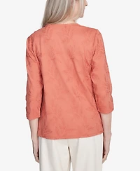 Alfred Dunner Women's Natural Instinct Solid Leaf Embroidered Crew Neck Top