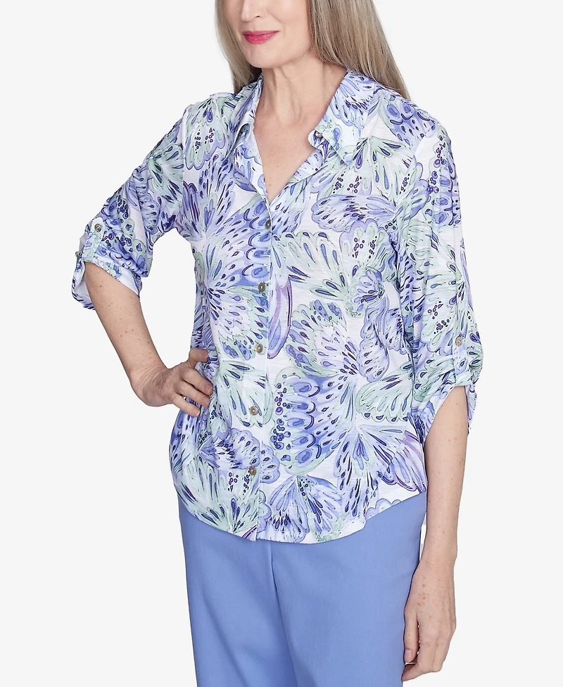 Alfred Dunner Women's Santa Fe Abstract Butterfly Button Front Top