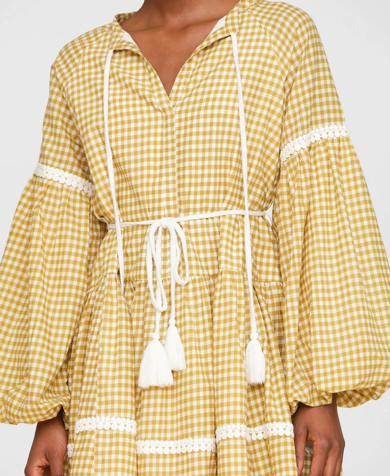 Avec Les Filles Women's Cotton Lemon-Print Split-Neck Prairie Mini Dress