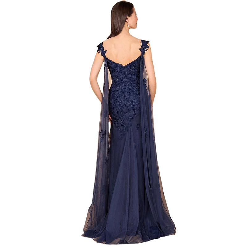 Lara Women's Embroidered Lace Gown with Flowing Capes
