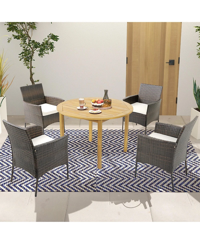 Gymax 5 Pcs Patio Dining Set Round Acacia Wood Table 4 Cushioned Wicker Armchairs
