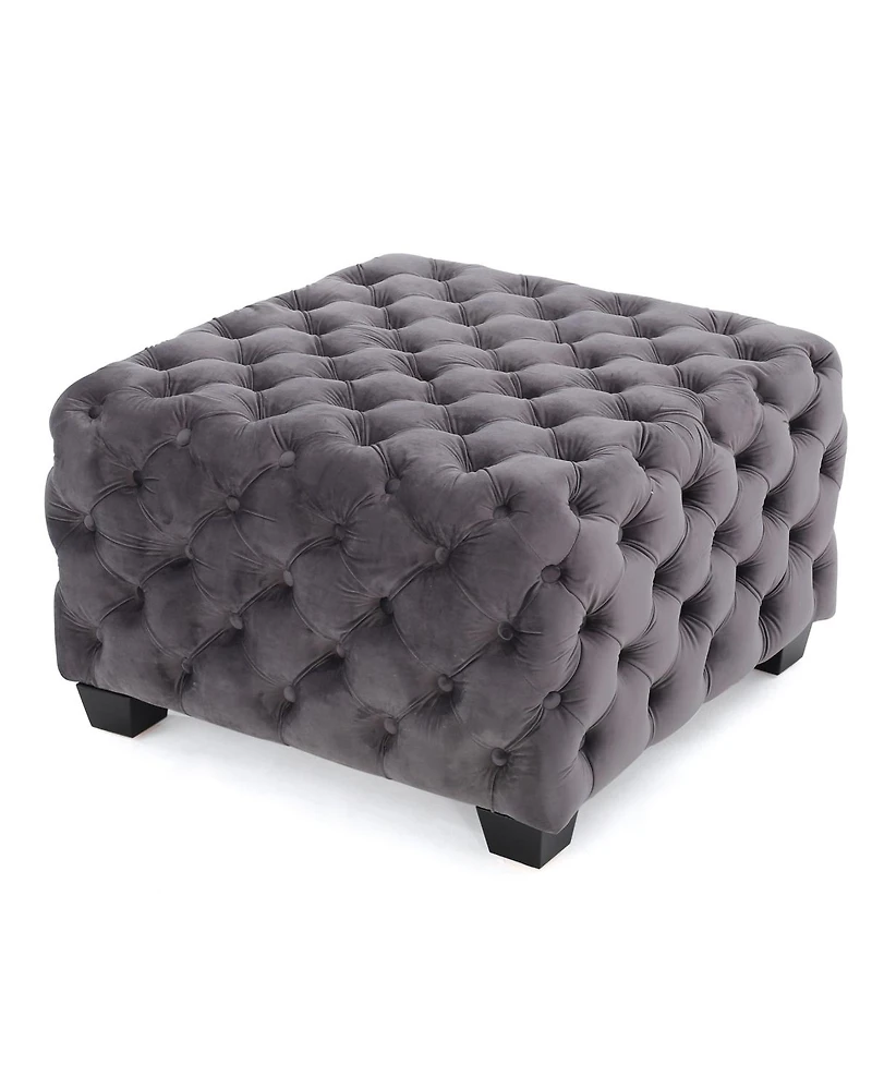Velvet Upholstered Square Ottoman with Deep Button Tufting and Wood Legs for Living Room or Lounge Seating-The Pop Home