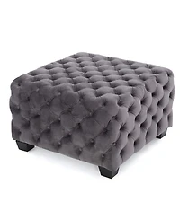 Velvet Upholstered Square Ottoman with Deep Button Tufting and Wood Legs for Living Room or Lounge Seating-The Pop Home