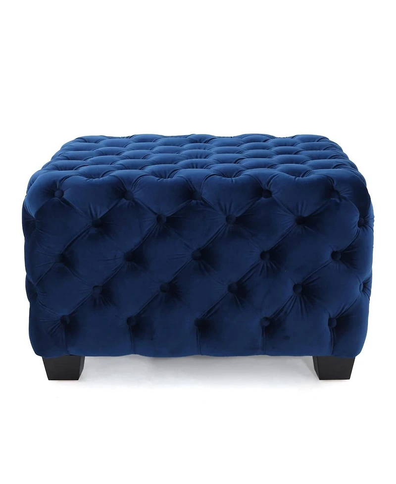 Velvet Upholstered Square Ottoman with Deep Button Tufting and Wood Legs for Living Room or Lounge Seating-The Pop Home