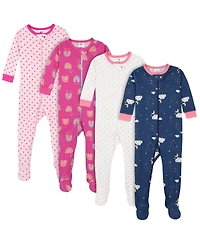 Gerber Baby Girls 4-Pack Snug Fit Footed Cotton Pajamas, Apple & Woodland Floral, 9M