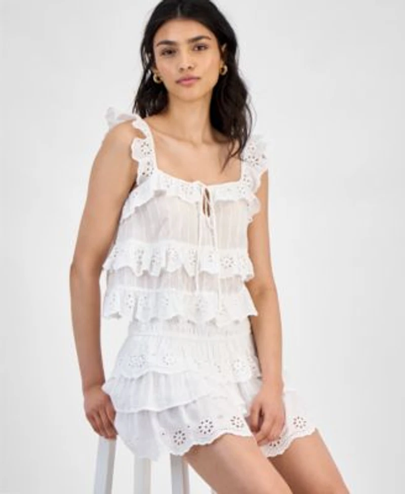 Now This Womens Cotton Eyelet Ruffled Tank Top Tiered Mini Skirt