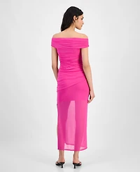 Bar Iii Women's Off-The-Shoulder Ruched Mesh Dress, Exclusively at Macy's
