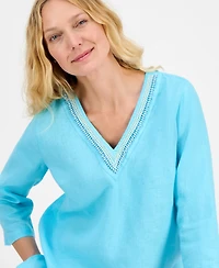 Charter Club Women's 100% Linen Embellished Top, Exclusively at Macy's