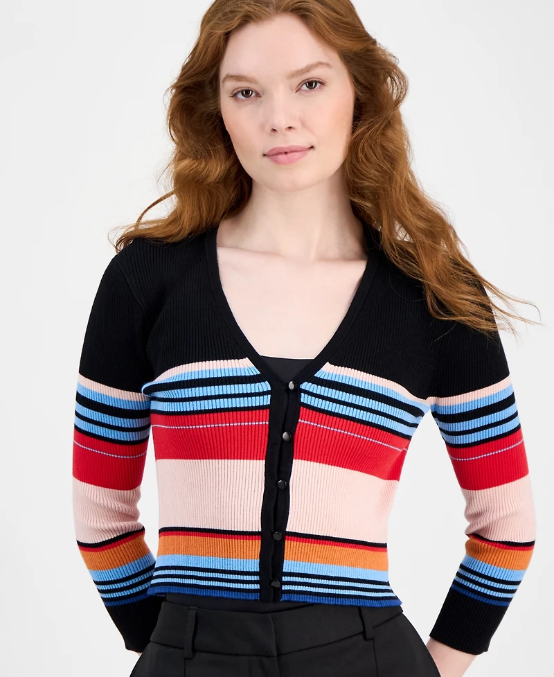T Tahari Women's Striped V-Neck 3/4-Sleeve Button Cardigan