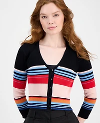 T Tahari Women's Striped V-Neck 3/4-Sleeve Button Cardigan
